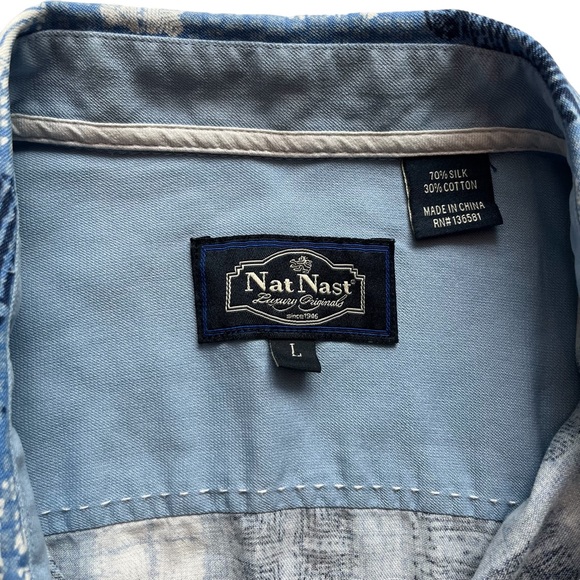 Nat Nast Men SS Button Shirt 70% Silk 30% Cotton Blue White Geometric L - Picture 2 of 11
